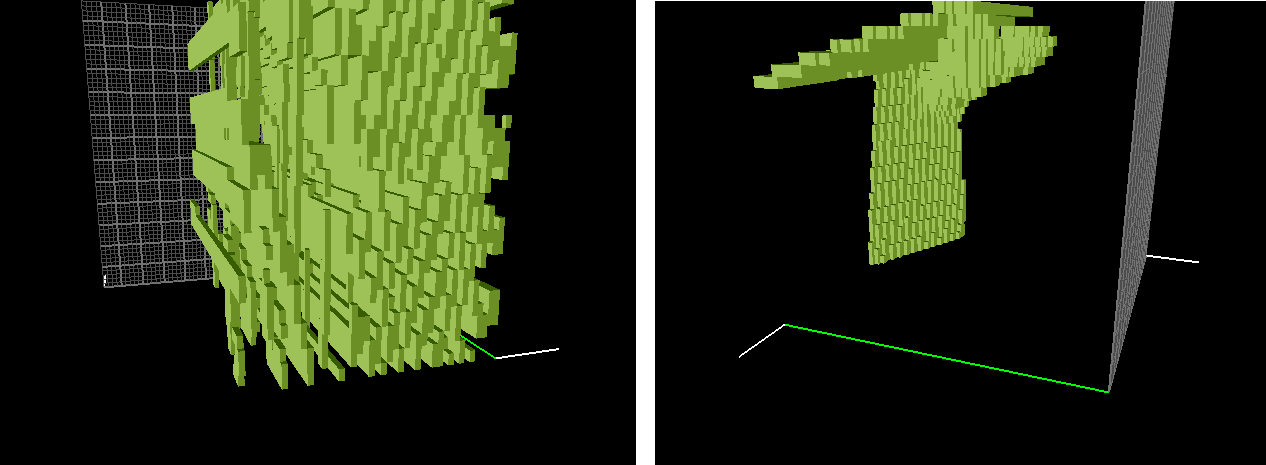 Comparing the resulting voxelized scenes when reading and writing the same .binvox file using binvox-rw-py with Python 3. The left image shows the broken scene voxelization using dimatura's module with Python 3, while the right image shows the correct scene voxelization using pclausen's module with Python 3.